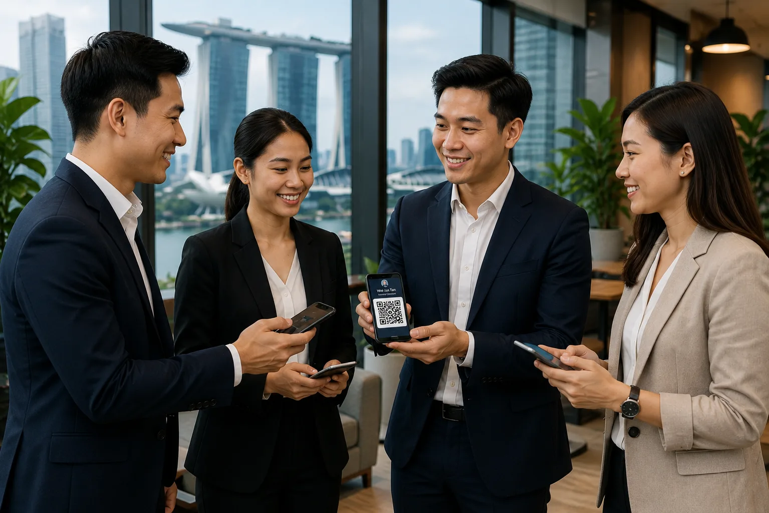 Corporate Team Using Digital Business Cards